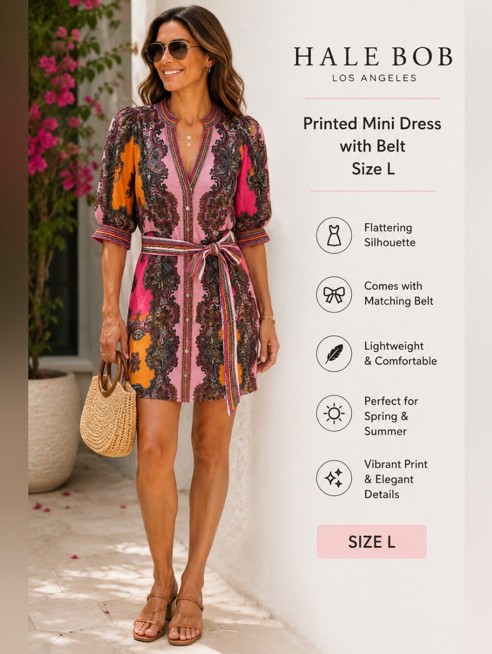 Hale Bob Pink & Orange Paisley-Print Tie-Waist Mini Dress